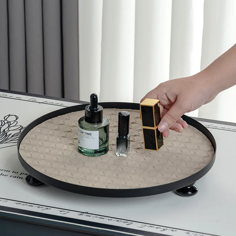 Luxury Skincare Tray - Geweven lederen houten voetenschijf als bureaubladdecoratie,